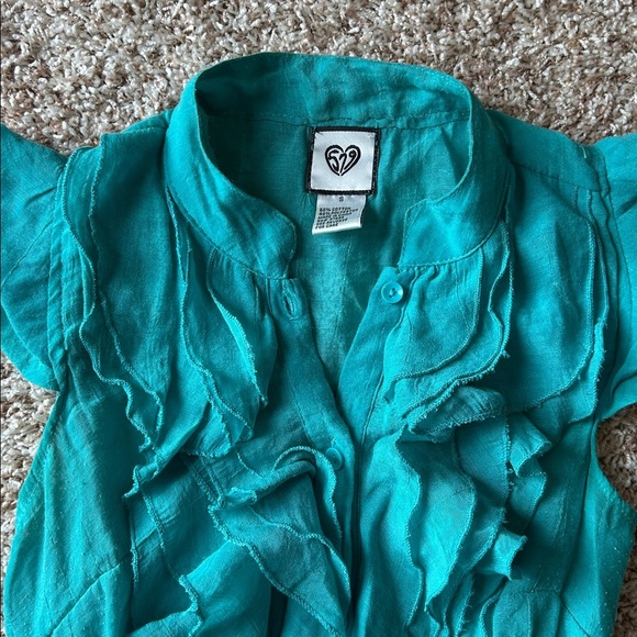 579 Turquoise Ruffled Sleeveless Blouse | Sleeveless Blouse | Ruffle Blouse - Picture 2 of 6